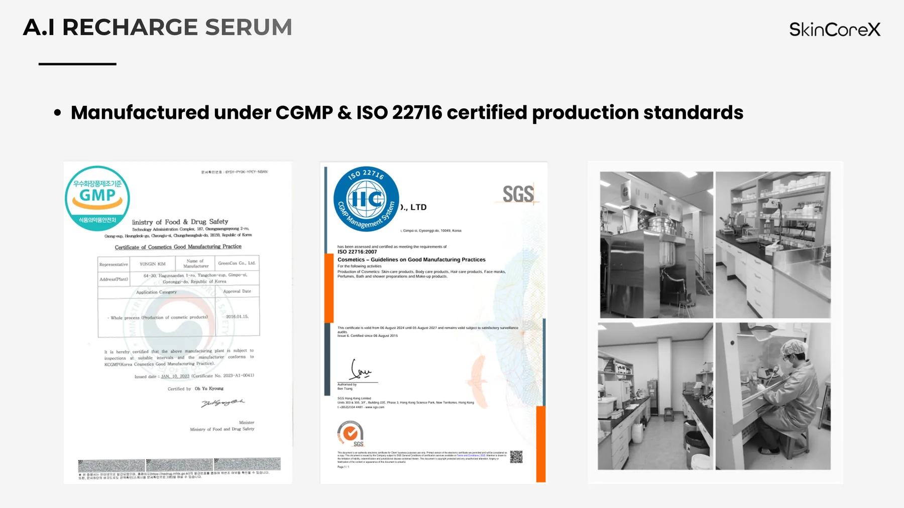 SkinCoreX production standard and laboratory images